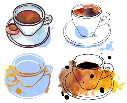 Set of freehand vector and watercolour coffee drawings 库存插图