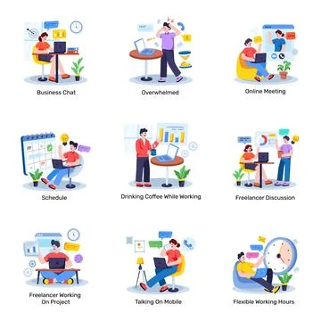 Set of Freelance Flat Illustrations Stock Illustration