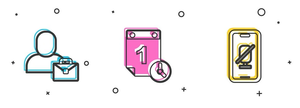 Set Freelancer, Time management and Mute microphone on mobile icon. Vector Stock Illustration