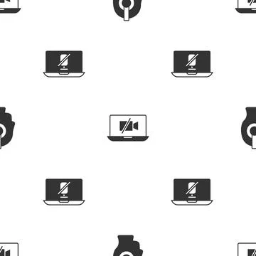 Set Freelancer, Video camera Off on laptop and Mute microphone on seamless Stock Illustration