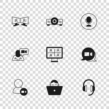 Set Freelancer, Video chat conference, Headphones, Microphone, Movie, film,.. Stock Illustration