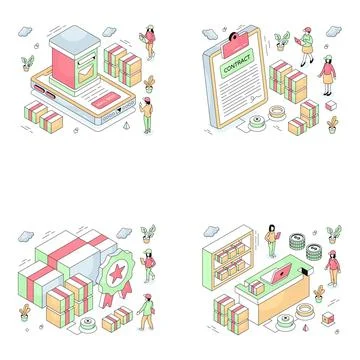 Set of Freight and Cargo Isometric Illustrations Stock Illustration