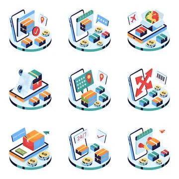 Set of Freight Isometric Illustrations Illustrazione stock