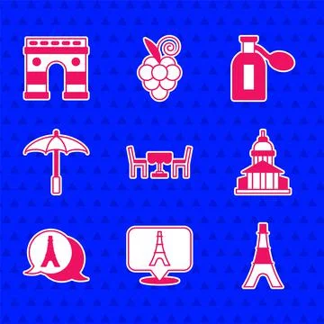 Set French cafe, Eiffel tower, Museum building, Umbrella for beach, Perfume and Ilustración de archivo