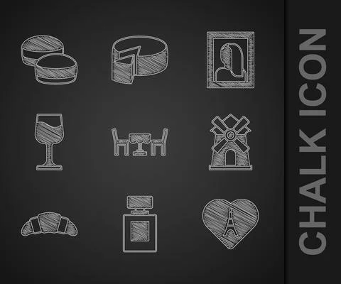 Set French cafe, Perfume, Eiffel tower with heart, Windmill, Croissant, Wine Stock Illustration