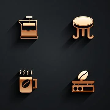 Set French press, Coffee table, cup and Electronic coffee scales icon with long Stock Illustration