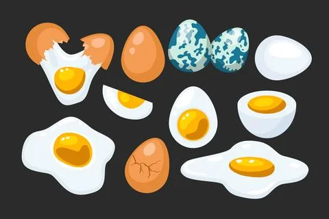 Set of fresh and boiled eggs set collection of whole eggs, broken eggs, fri.. Stock Illustration