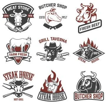 Set of fresh beef labels isolated on white background. Butcher s Stock Illustration