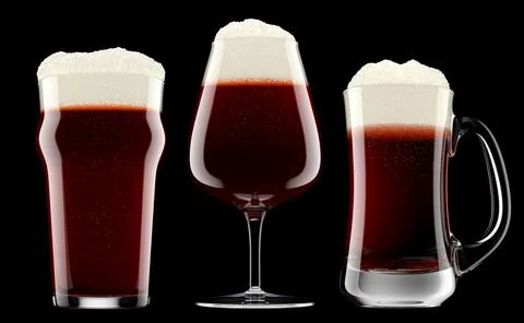 Set of fresh beer in different mugs with bubble froth isolated on black. Stock Illustration