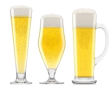 Set of fresh beer in different mugs with bubble froth isolated on white. Stock Illustration