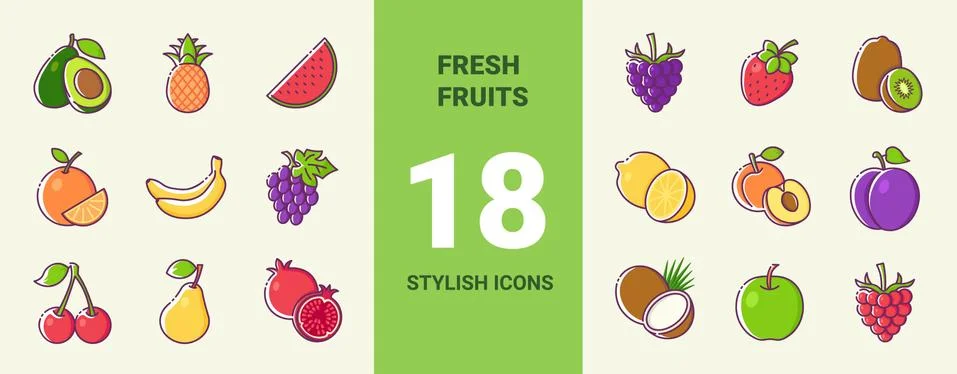 Set of fresh berries and tropical fruits color icons Stock Illustration