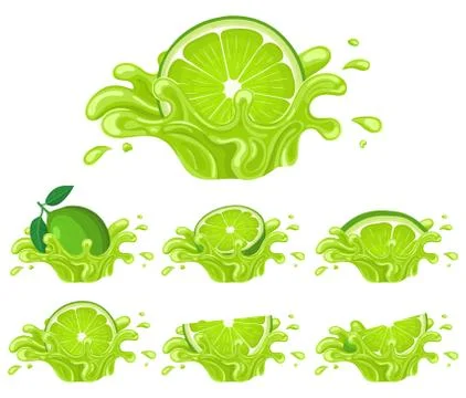 Set of fresh bright lime juice splash burst isolated on white background. Sum Stock Illustration