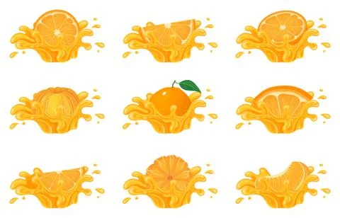 Set of fresh bright orange, mandarin or tagerine juice splash burst isolated  Stock Illustration