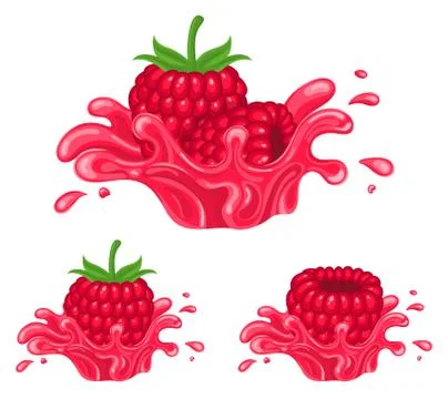 Set of fresh bright raspberry juice splash burst isolated on white background Stock Illustration