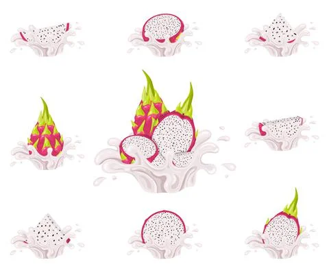 Set of fresh bright red pitaya juice splash burst isolated on white backgroun Stock Illustration