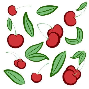 Set of fresh cherries with leaf, whole, double, group and half on isolated ba Stock Illustration