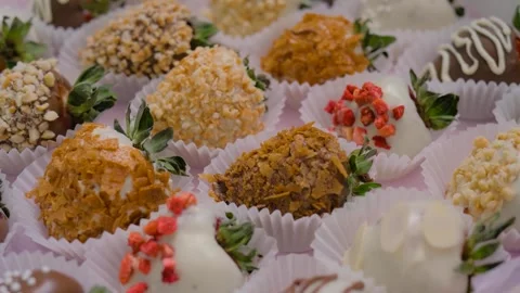 Set of fresh chocolate covered strawberries on rotating surface: close up Stock Footage 340430469
