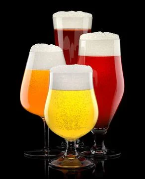 Set of fresh different beer glasses with bubble froth on black background. Stock Illustration