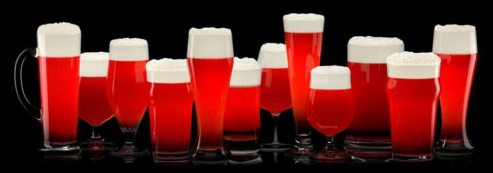Set of fresh draft beer glasses with bubble froth isolated on black background. 스톡 일러스트