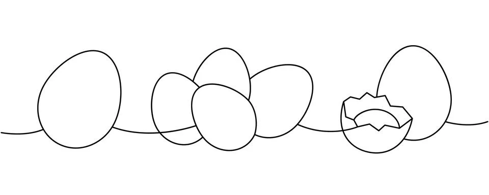 Set of fresh eggs one line continuous drawing. Boiled eggs, broken eggshell Stockillustratie