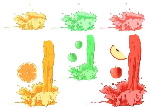 Set of fresh fruit splash - green, orange and red Stock Illustration