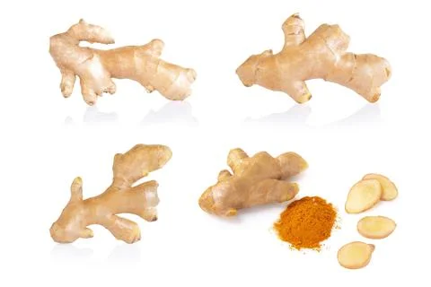 Set of Fresh ginger root with slice and power islolated on white background f Stock Photos