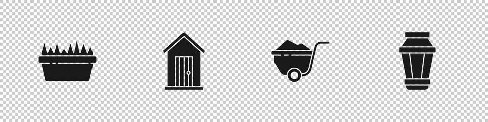 Set Fresh grass in a rectangular, Farm house, Wheelbarrow with dirt and Garden Stockillustratie