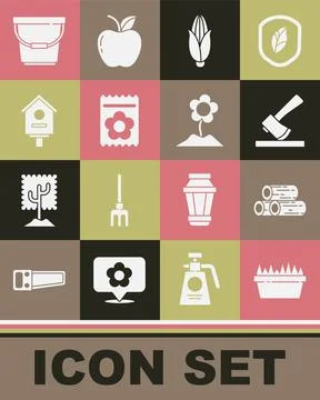 Set Fresh grass in a rectangular, Wooden logs, axe, Corn, Pack full of seeds of Illustration