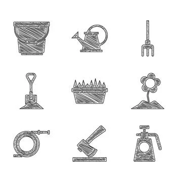 Set Fresh grass in a rectangular, Wooden axe, Garden sprayer for fertilizer イラスト素材