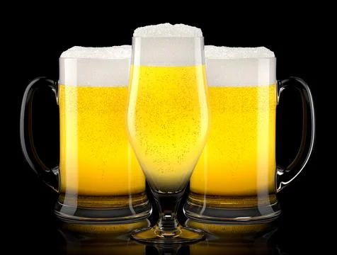 Set of fresh light beer glasses with bubble froth isolated on black background. Stock Illustration