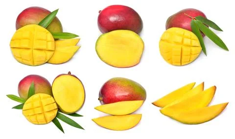 Set of fresh mango fruit slices, half and cubes isolated on white backgroun.. Stock Photos