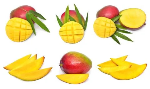 Set of fresh mango fruit slices, half and cubes isolated on white backgroun.. Stock Photos