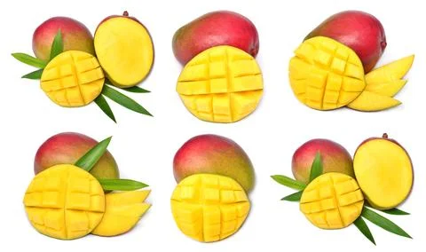 Set of fresh mango fruit slices, half and cubes isolated on white backgroun.. Stock Photos