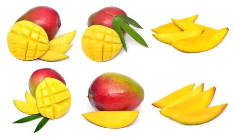 Set of fresh mango fruit slices, half and cubes isolated on white backgroun.. Stock Photos