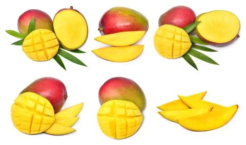 Set of fresh mango fruit slices, half and cubes isolated on white backgroun.. Stock Photos