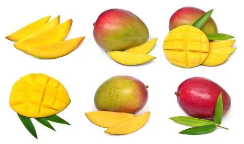 Set of fresh mango fruit slices, half and cubes isolated on white backgroun.. Stock Photos
