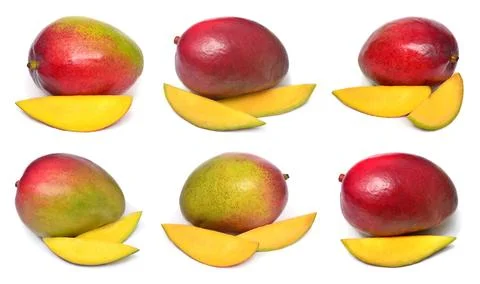 Set fresh mango fruit whole and slices isolated on white background. Flat l.. Stock Photos