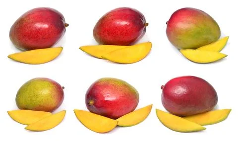 Set fresh mango fruit whole and slices isolated on white background. Flat l.. Stock Photos