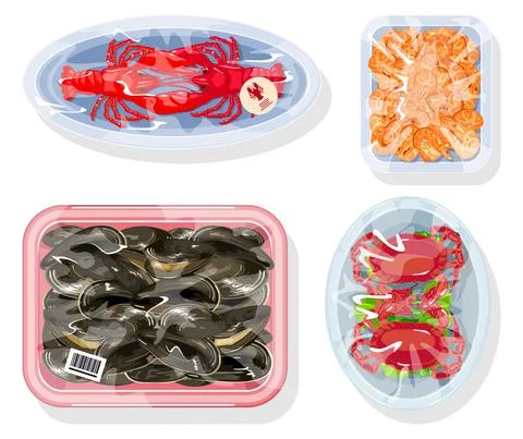 Set of fresh packed seafood Stock Illustration