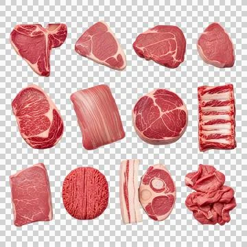 Set of fresh raw meat cuts and steaks collection isolated on transparent ba.. Stock Photos