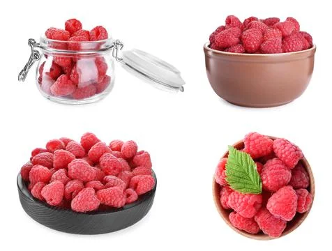 Set of fresh ripe tasty raspberries on white background Stock Photos