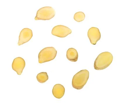 Set of Fresh sliced ginger root on white background for herb and medical prod Stock Photos