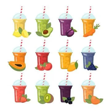 Set of fresh smoothie drink collection with various fruits and vegetables b.. Stock Illustration