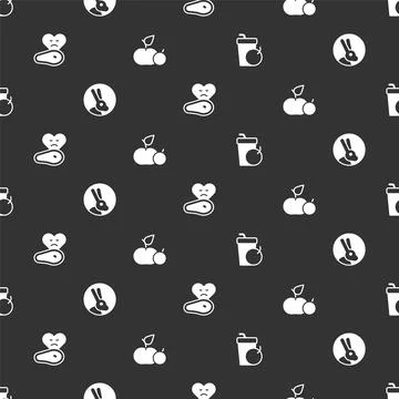 Set Fresh smoothie, Rabbit, Steak meat and Apple on seamless pattern. Vector Illustrazione stock