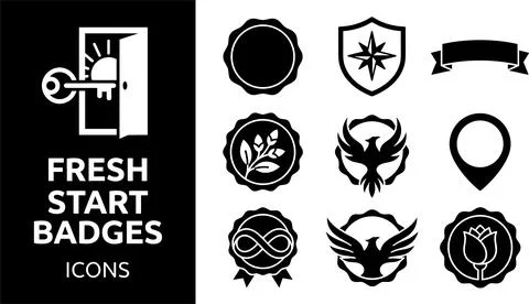 SET Fresh Start Badges Icons Collection with Key and Open Door Symbol, Shie.. Ilustración de archivo