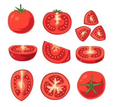 Set of Fresh tomatoes set collection. Red whole and cut vegetables, halves .. Stock Illustration