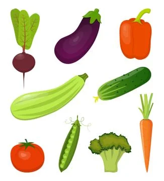 Set of fresh vegetables, bright and colorful, isolated on white. Beets, carro Stock Illustration