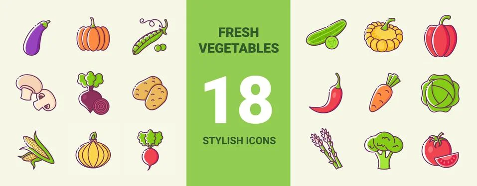 Set of fresh vegetables color icons. Vector stylish flat illustrations Stock Illustration