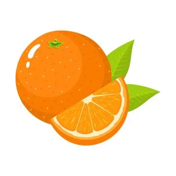 Set of fresh whole and cut slice orange fruit with leaves isolated on white. Illustrazione stock