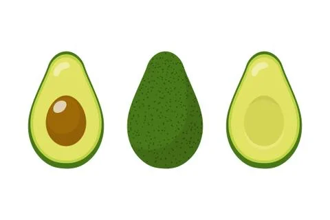 Set of fresh whole and half avocado isolated on white background. Vector. Stock Illustration